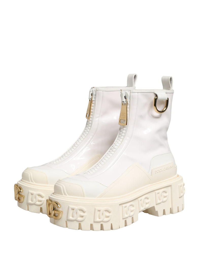 Dolce & Gabbana White Leather Rubber Logo Ankle Boots