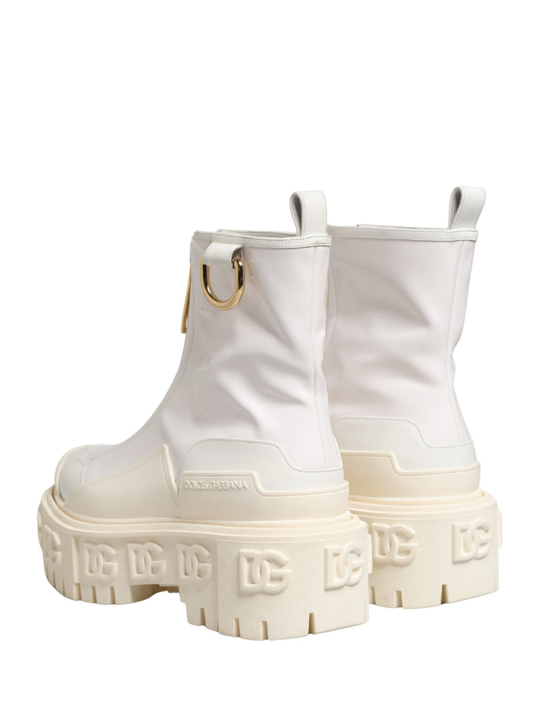 Dolce & Gabbana White Leather Rubber Logo Ankle Boots