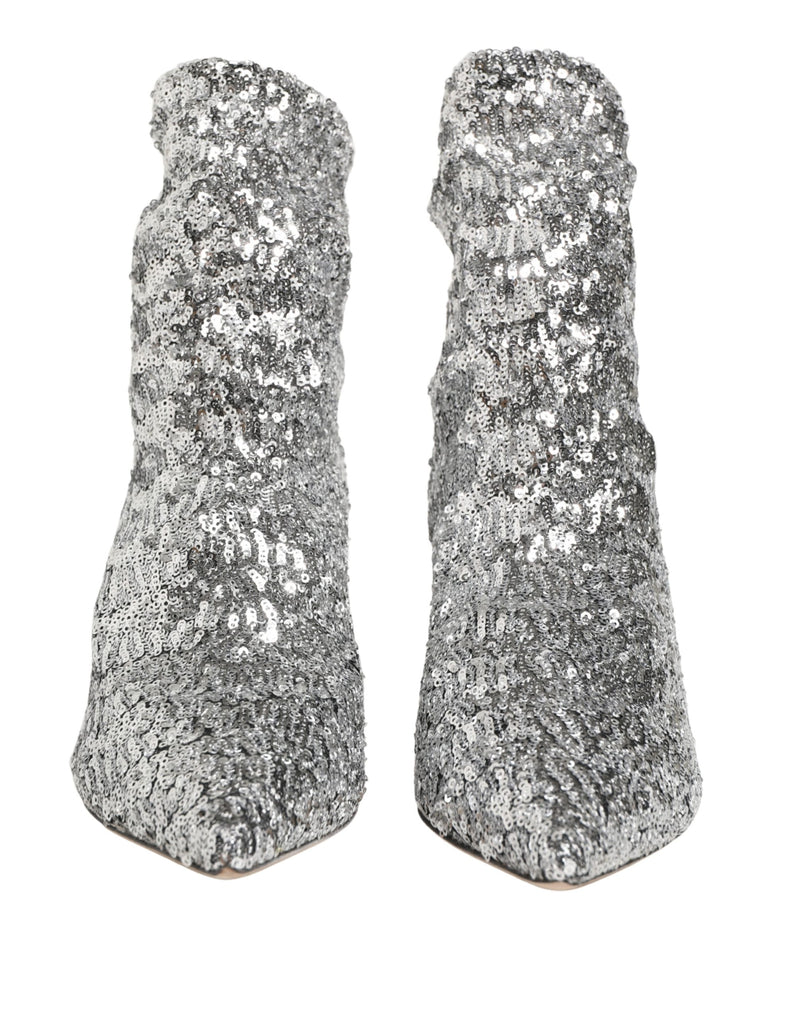 Dolce & Gabbana Silver Sequined Short Boots Stretch Shoes