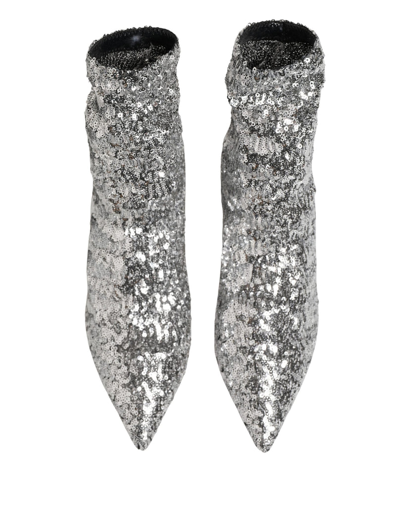 Dolce & Gabbana Silver Sequined Short Boots Stretch Shoes