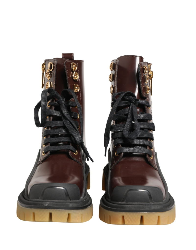 Dolce & Gabbana Maroon Leather Lace-Up Biker Boots
