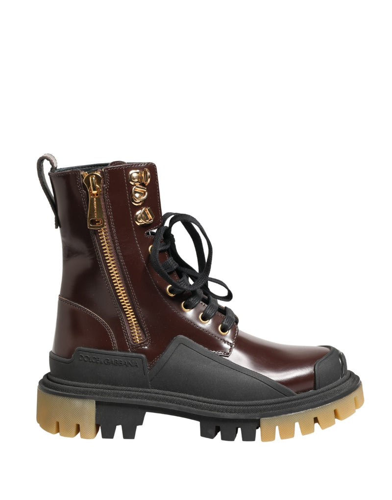 Dolce & Gabbana Maroon Leather Lace-Up Biker Boots