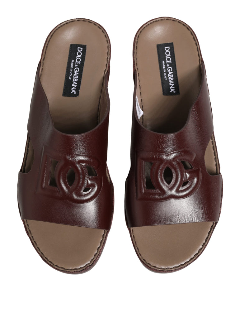 Dolce & Gabbana Maroon Leather Cutout DG Logo Sandals