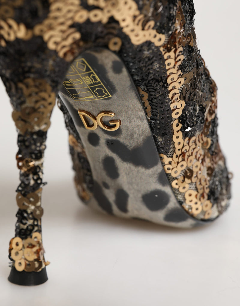 Dolce & Gabbana Gold Leopard Sequin Sock Ankle Boots