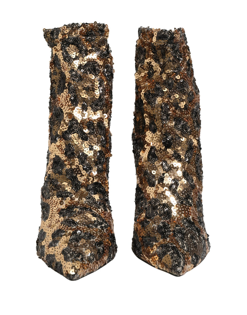 Dolce & Gabbana Gold Leopard Sequin Sock Ankle Boots