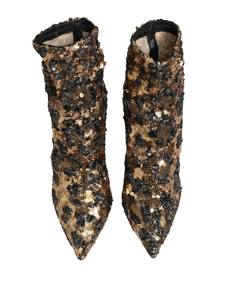 Dolce & Gabbana Gold Leopard Sequin Sock Ankle Boots