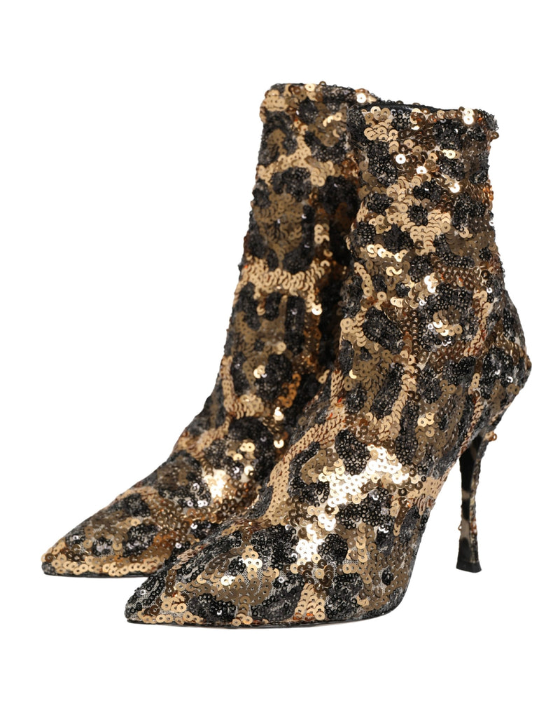 Dolce & Gabbana Gold Leopard Sequin Sock Ankle Boots