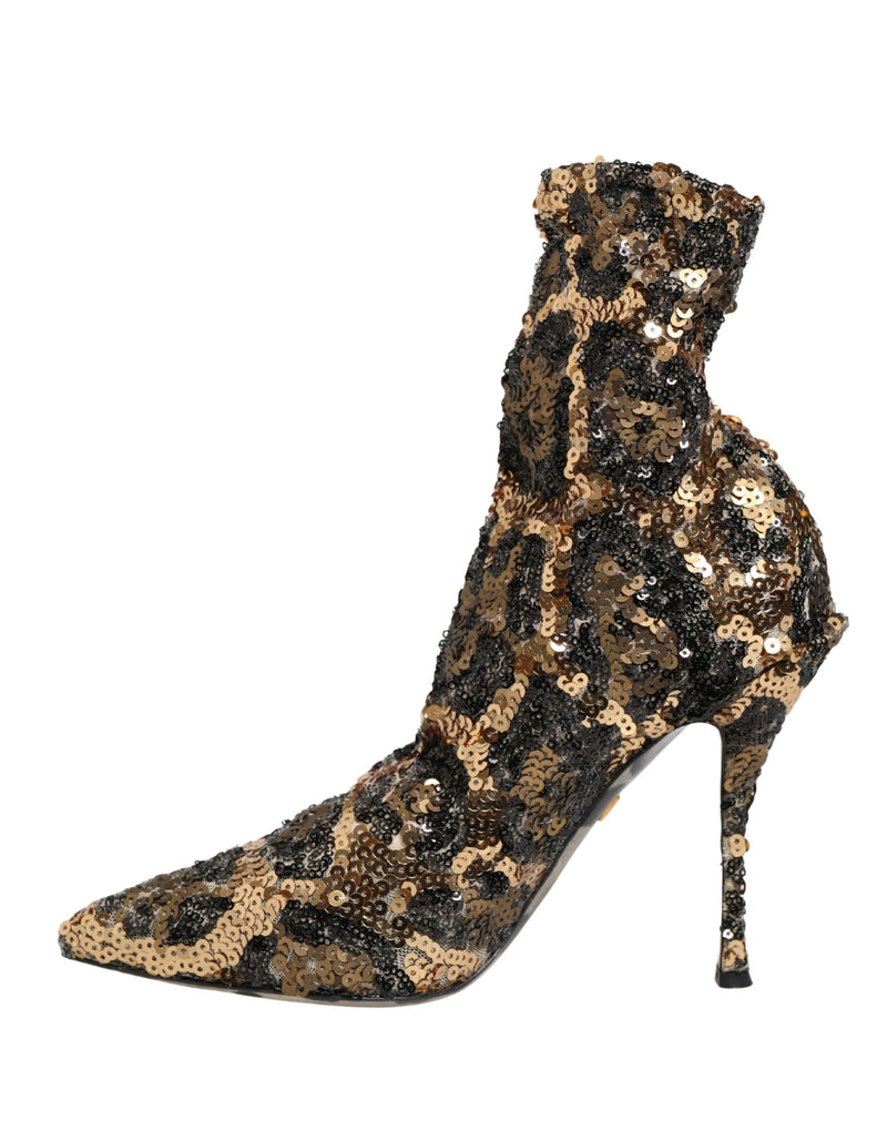 Dolce & Gabbana Gold Leopard Sequin Sock Ankle Boots