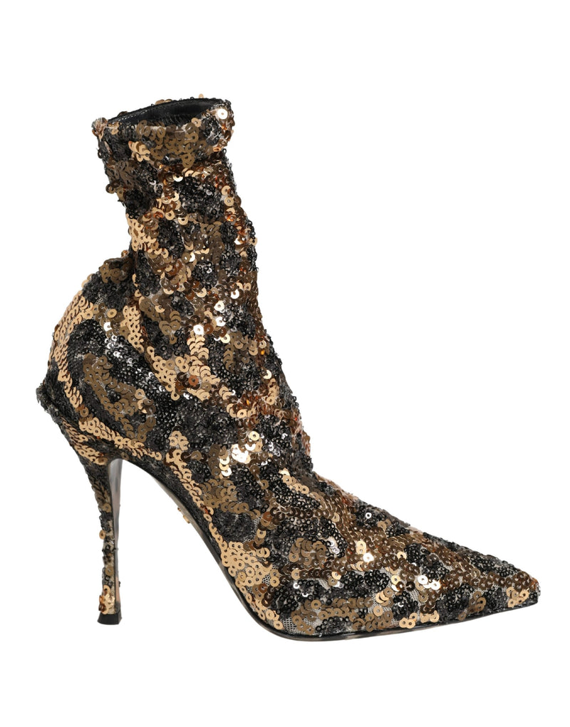 Dolce & Gabbana Gold Leopard Sequin Sock Ankle Boots