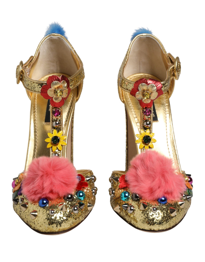 Dolce & Gabbana Gold Fur Trim Glitter T-strap Sandals
