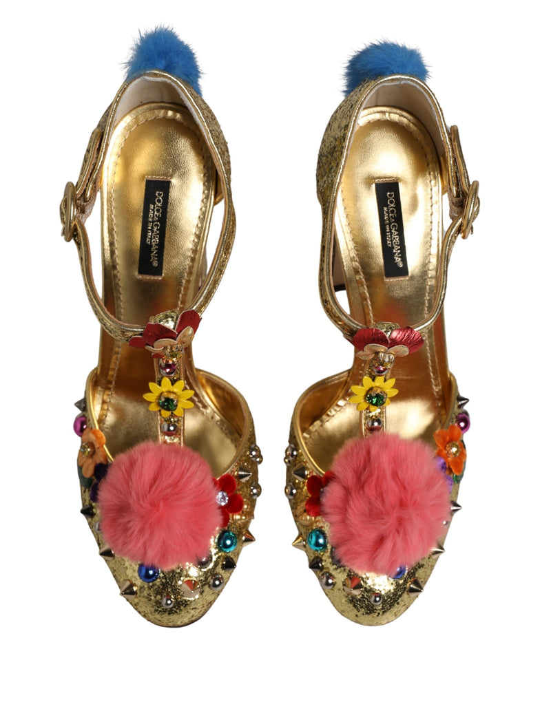 Dolce & Gabbana Gold Fur Trim Glitter T-strap Sandals