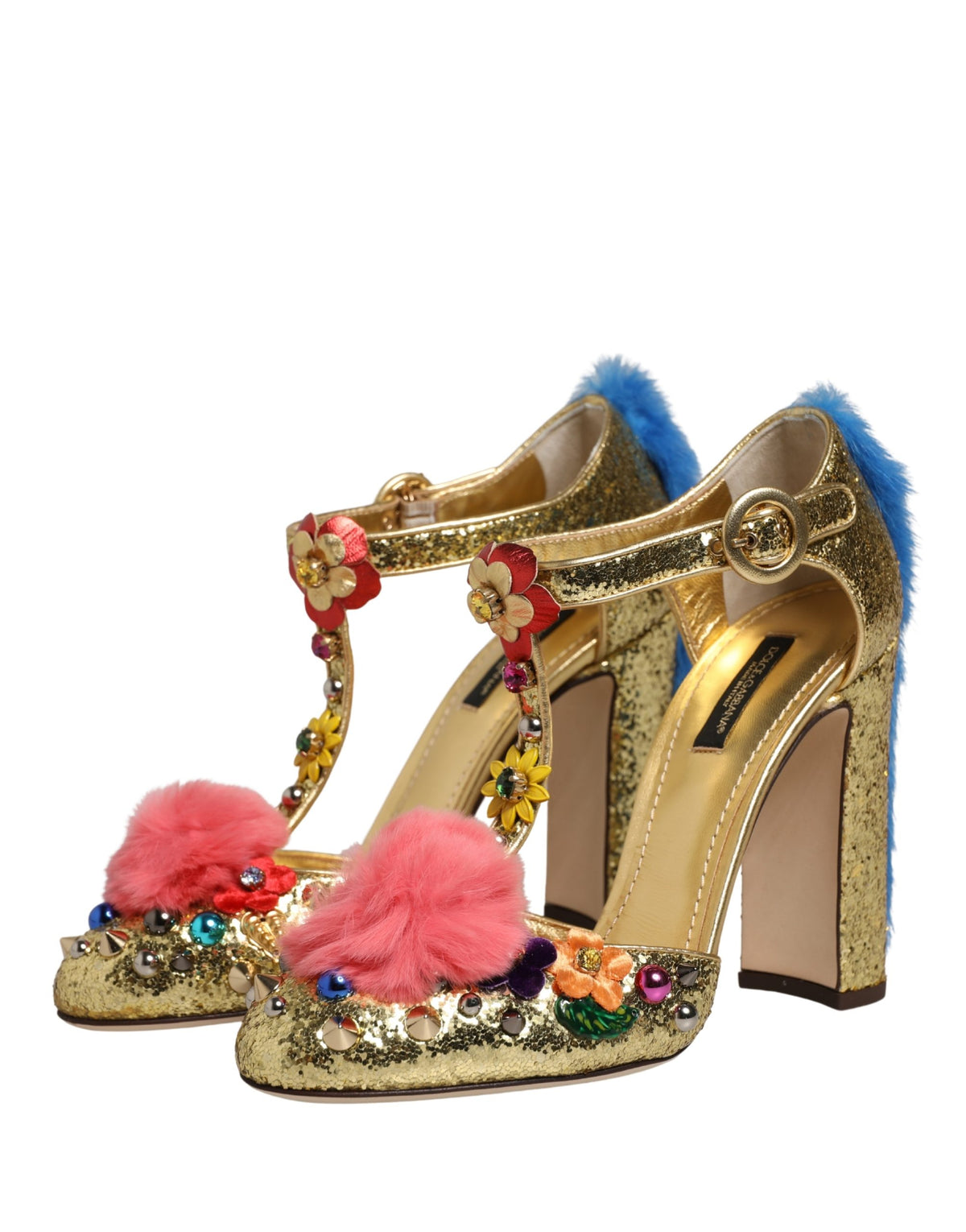 Dolce & Gabbana Gold Fur Trim Glitter T-strap Sandals