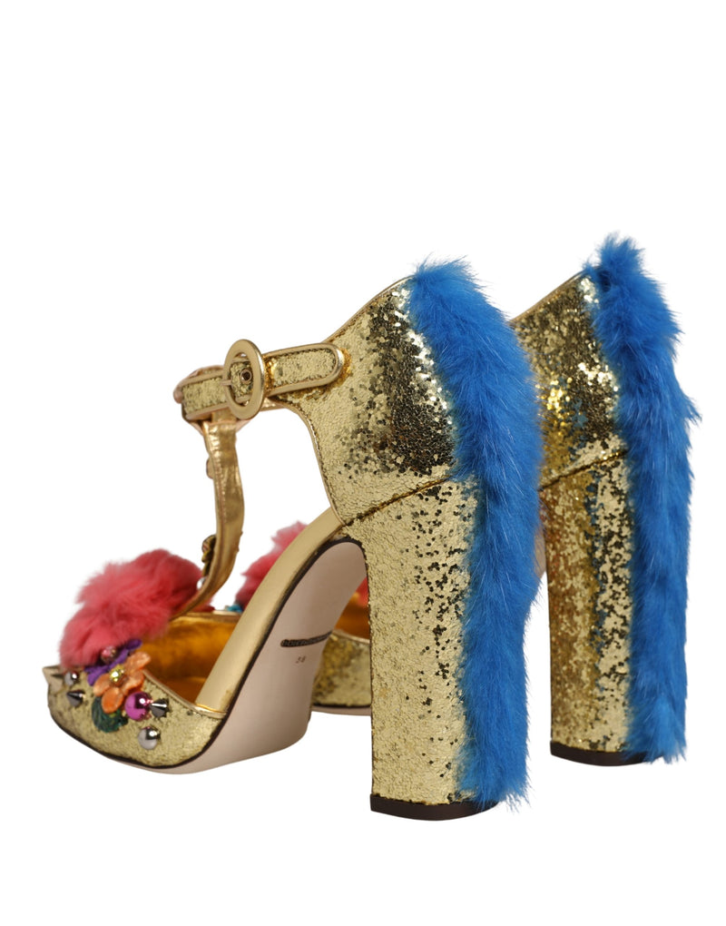 Dolce & Gabbana Gold Fur Trim Glitter T-strap Sandals