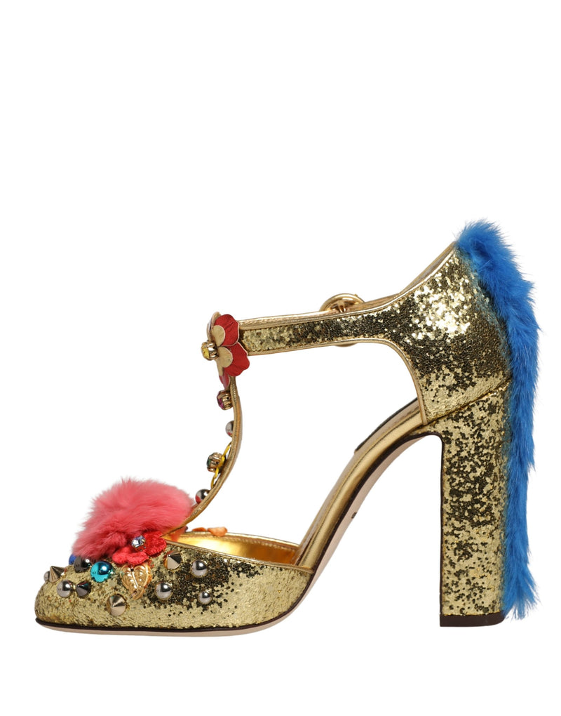 Dolce & Gabbana Gold Fur Trim Glitter T-strap Sandals
