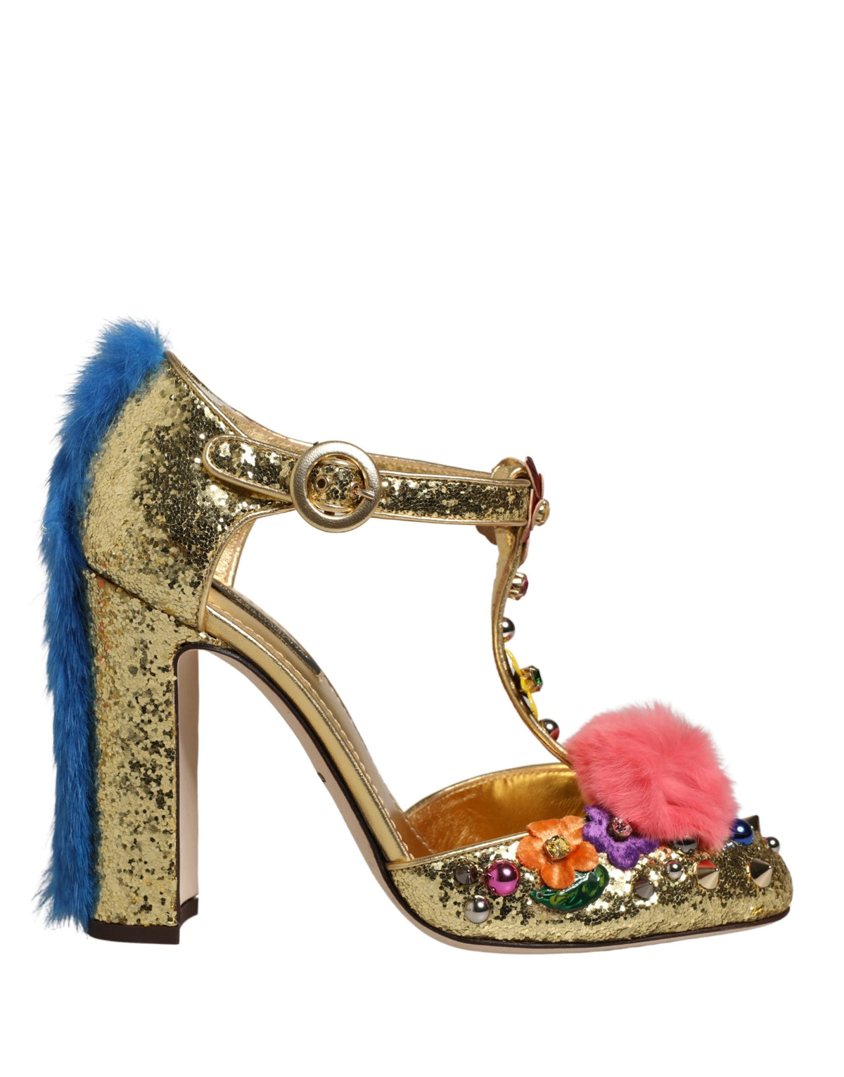 Dolce & Gabbana Gold Fur Trim Glitter T-strap Sandals