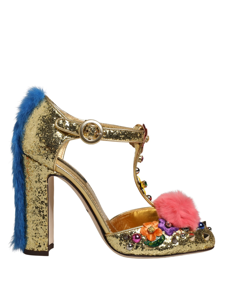 Dolce & Gabbana Gold Fur Trim Glitter T-strap Sandals