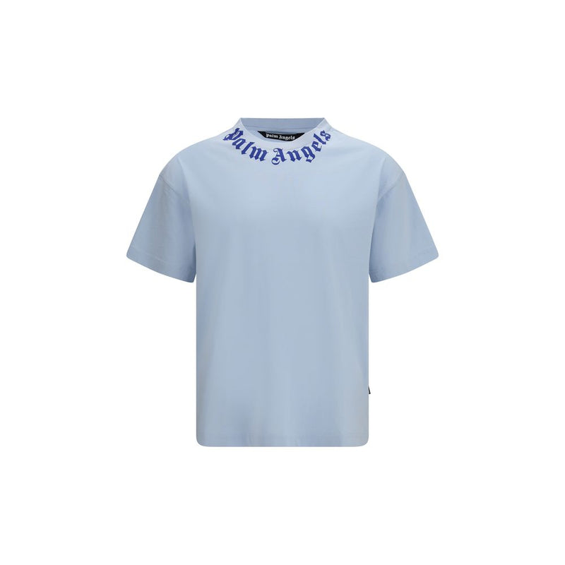 Palm Angels Neck Logo Blue Cotton T-Shirt for Men