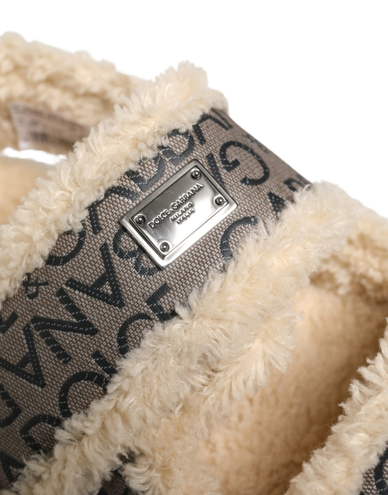 Dolce & Gabbana Beige Faux Fur Logo Print Flats Sandals