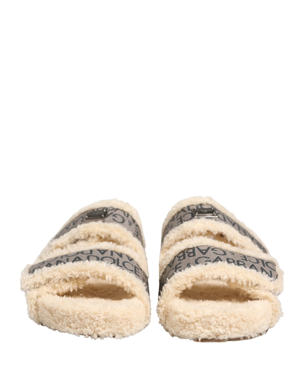 Dolce & Gabbana Beige Faux Fur Logo Print Flats Sandals