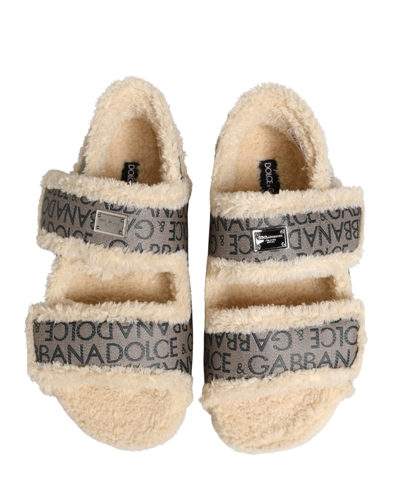 Dolce & Gabbana Beige Faux Fur Logo Print Flats Sandals