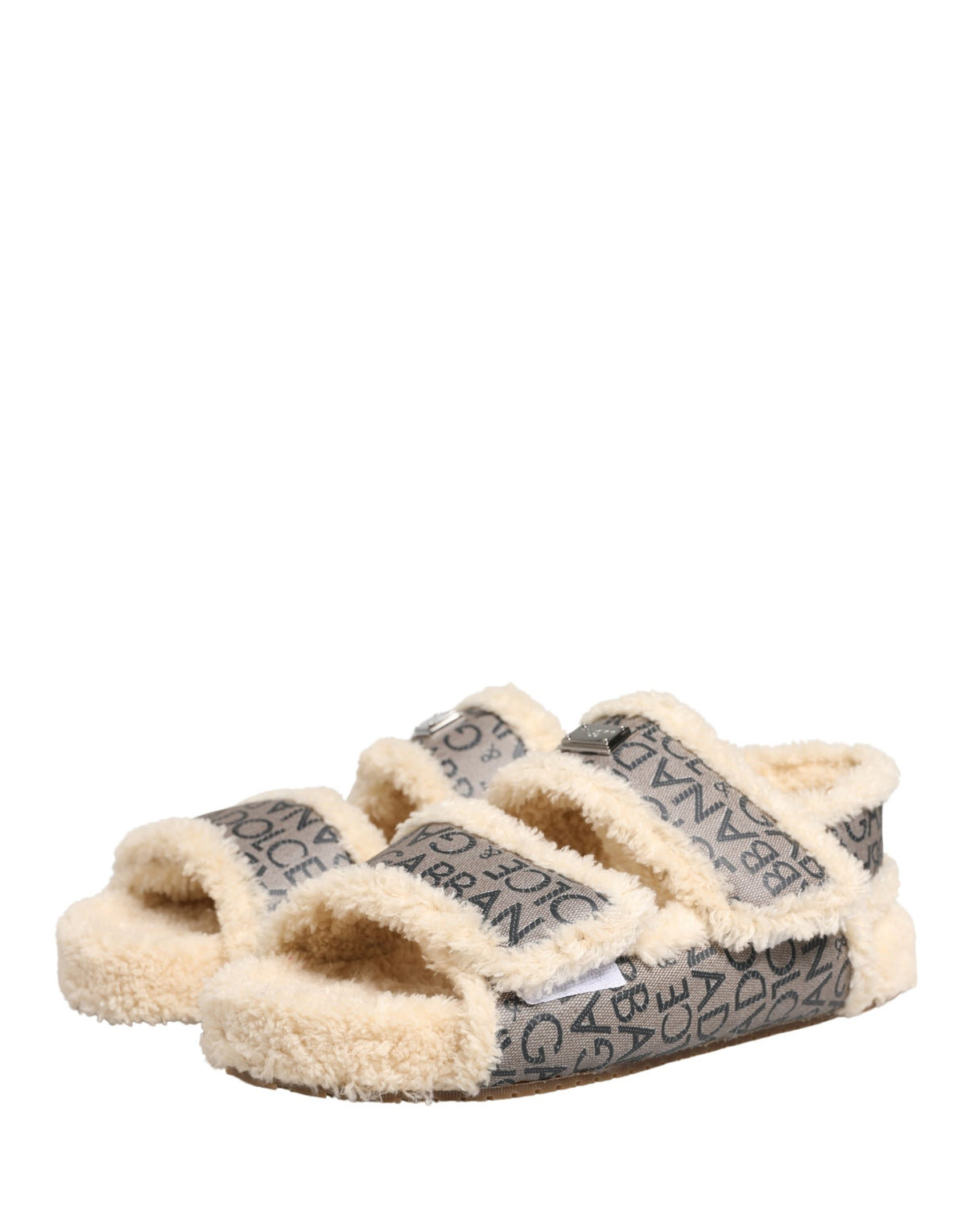 Dolce & Gabbana Beige Faux Fur Logo Print Flats Sandals