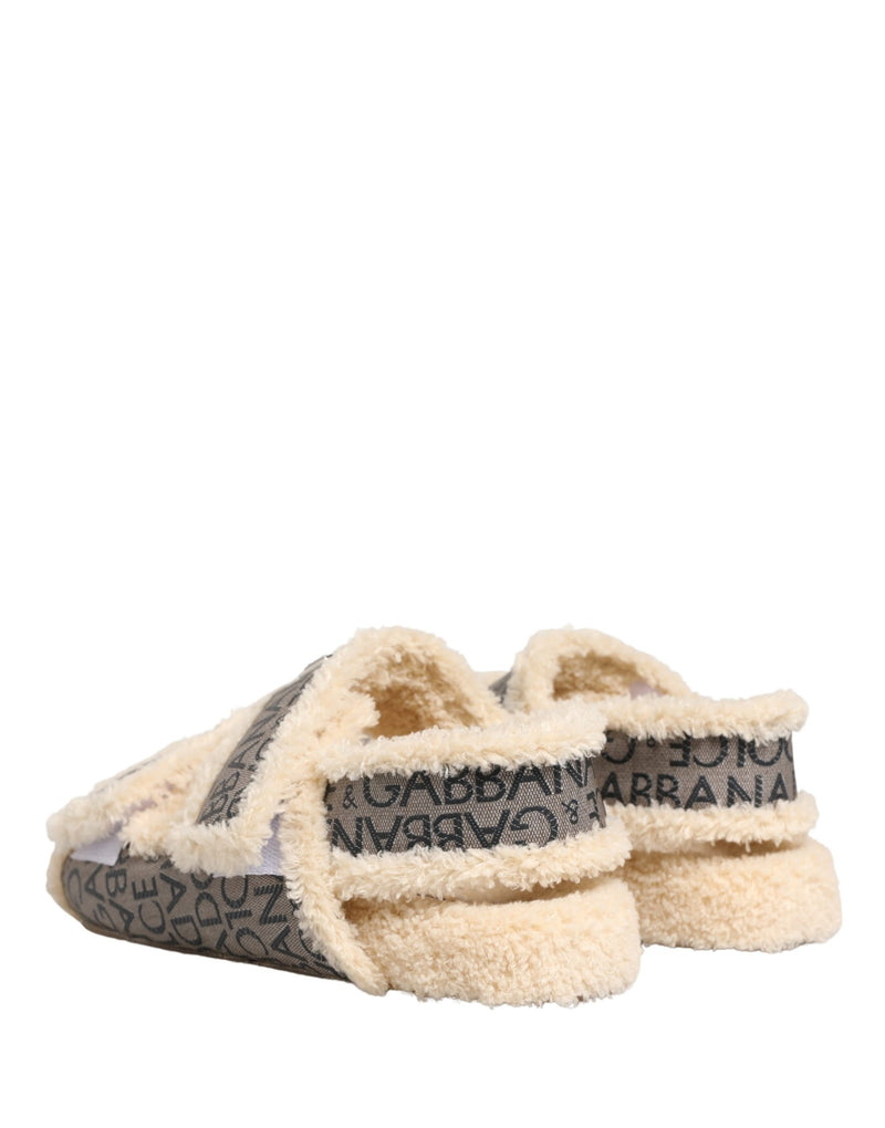 Dolce & Gabbana Beige Faux Fur Logo Print Flats Sandals
