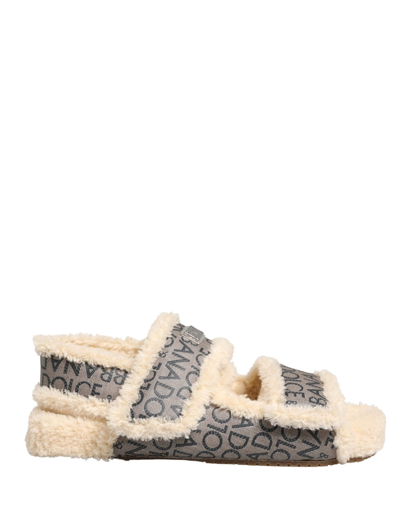 Dolce & Gabbana Beige Faux Fur Logo Print Flats Sandals