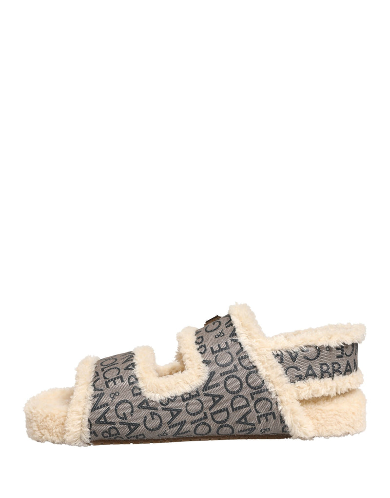 Dolce & Gabbana Beige Faux Fur Logo Print Flats Sandals