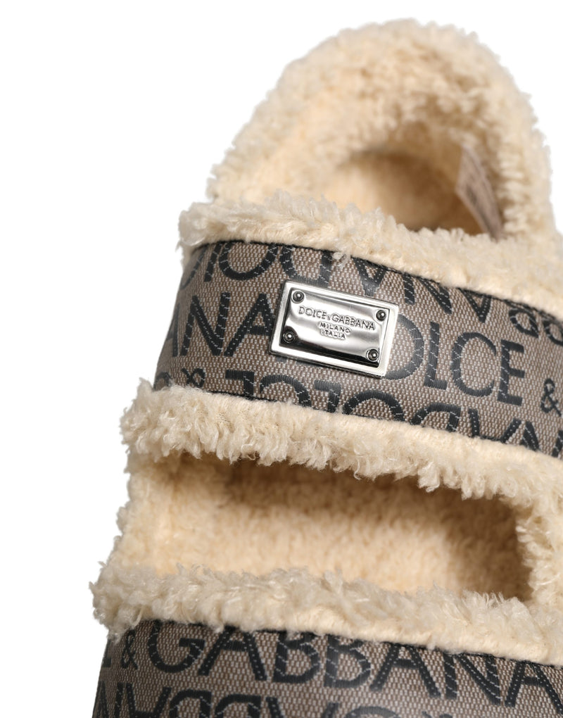 Dolce & Gabbana Beige Faux Fur Logo Print Flats Sandals
