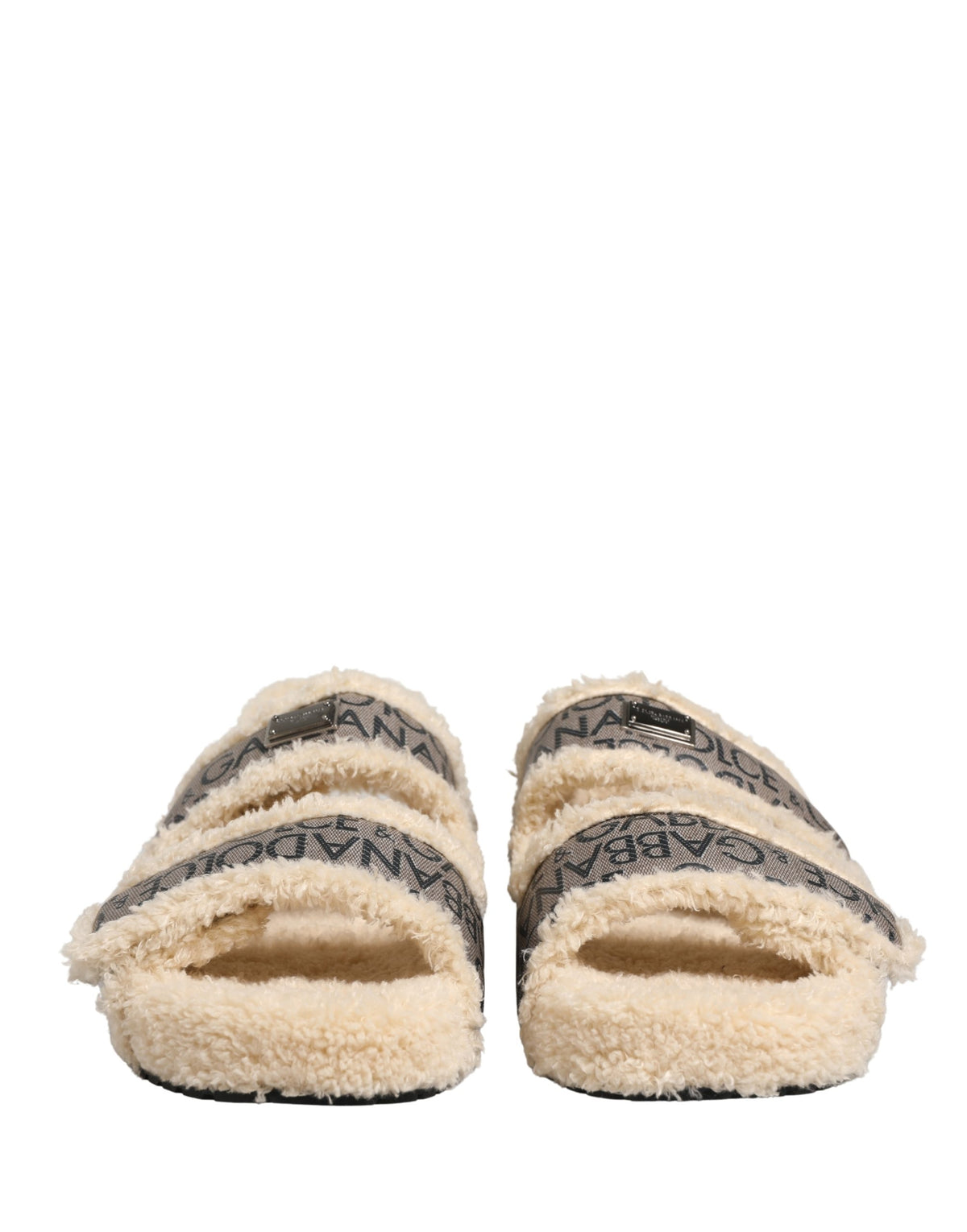 Dolce & Gabbana Beige Faux Fur Logo Print Flats Sandals