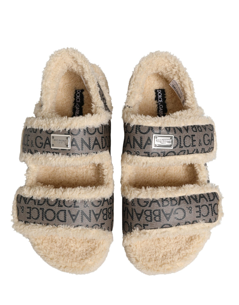 Dolce & Gabbana Beige Faux Fur Logo Print Flats Sandals