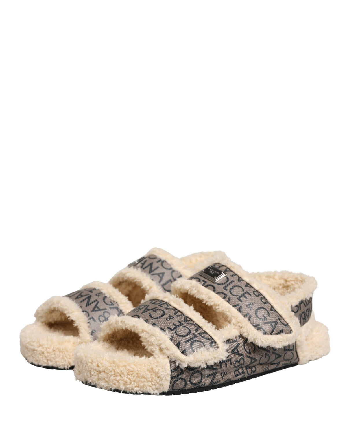 Dolce & Gabbana Beige Faux Fur Logo Print Flats Sandals