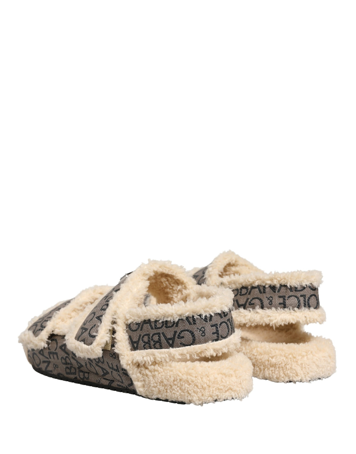 Dolce & Gabbana Beige Faux Fur Logo Print Flats Sandals