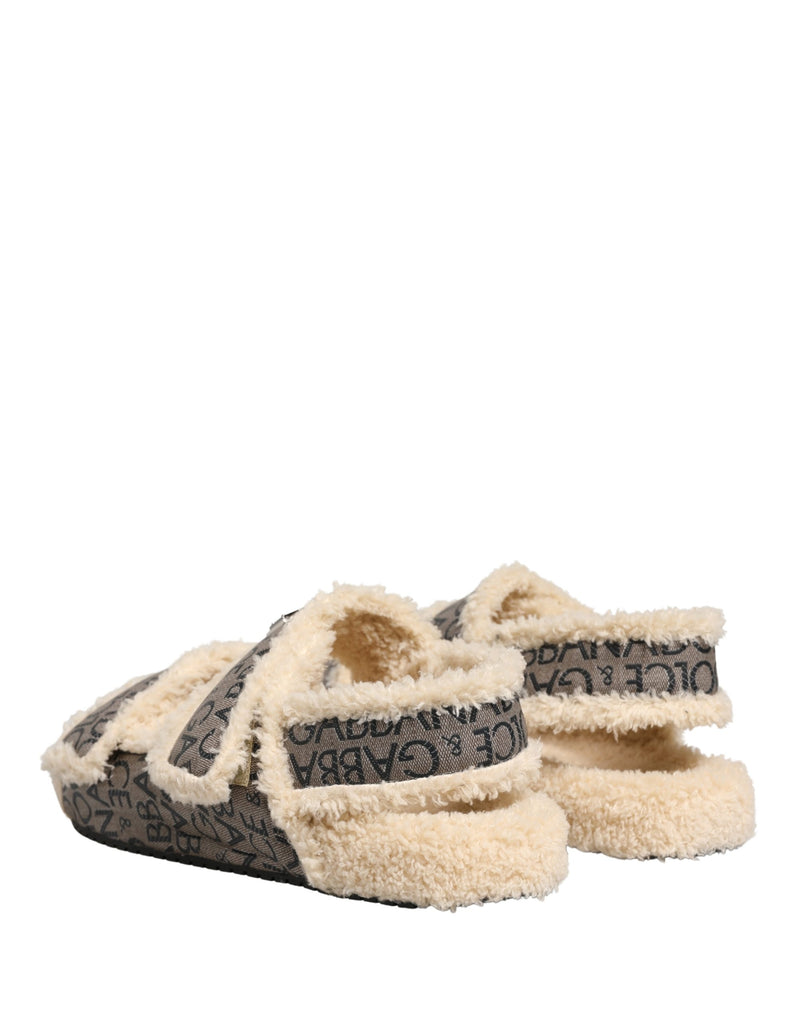 Dolce & Gabbana Beige Faux Fur Logo Print Flats Sandals