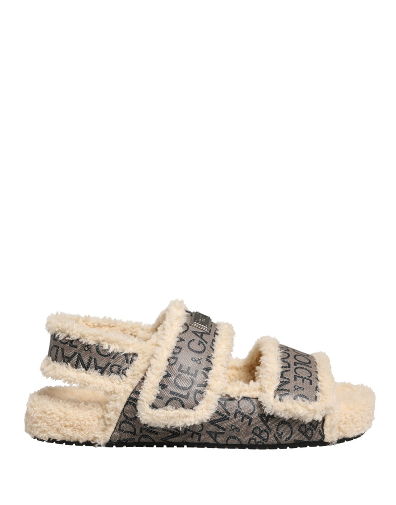 Dolce & Gabbana Beige Faux Fur Logo Print Flats Sandals