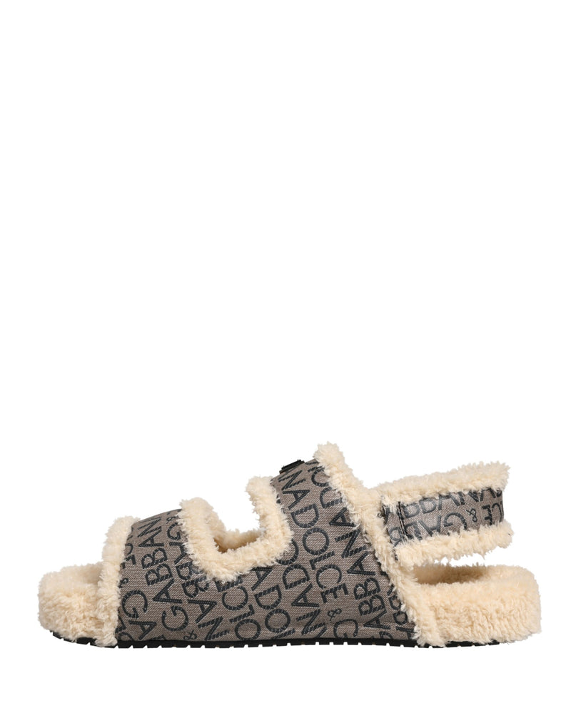 Dolce & Gabbana Beige Faux Fur Logo Print Flats Sandals