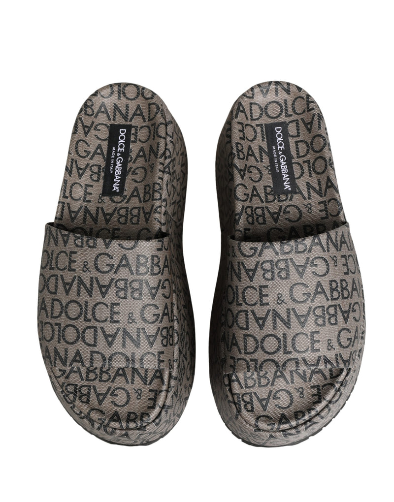 Dolce & Gabbana Gray Leather Monogram Logo Sandals