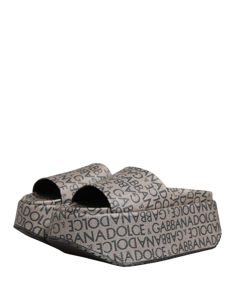 Dolce & Gabbana Gray Leather Monogram Logo Sandals
