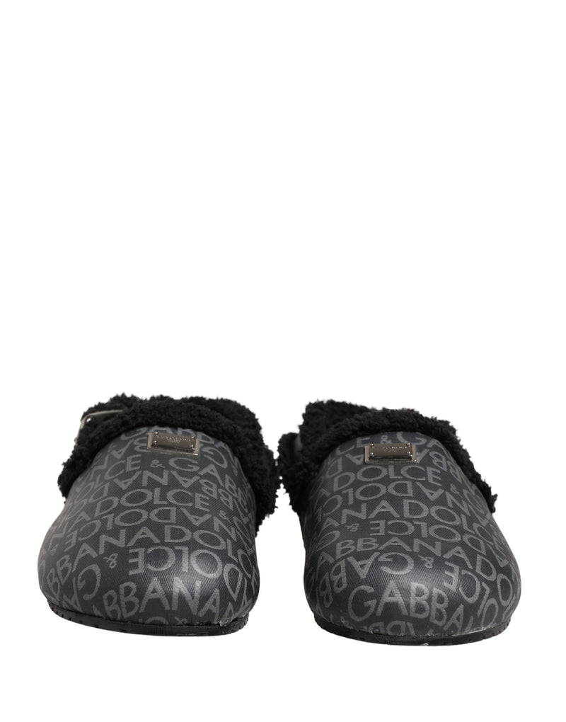 Dolce & Gabbana Gray Faux Fur Jacquard Mules Sandals Shoes