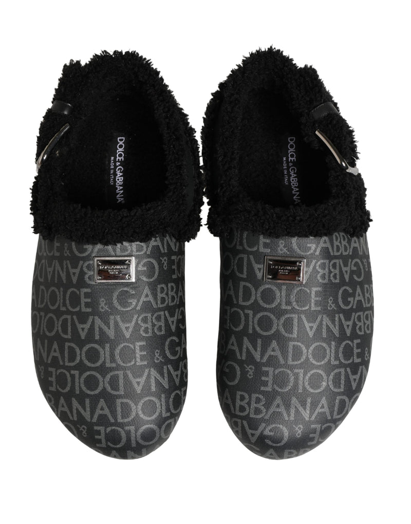 Dolce & Gabbana Gray Faux Fur Jacquard Mules Sandals Shoes