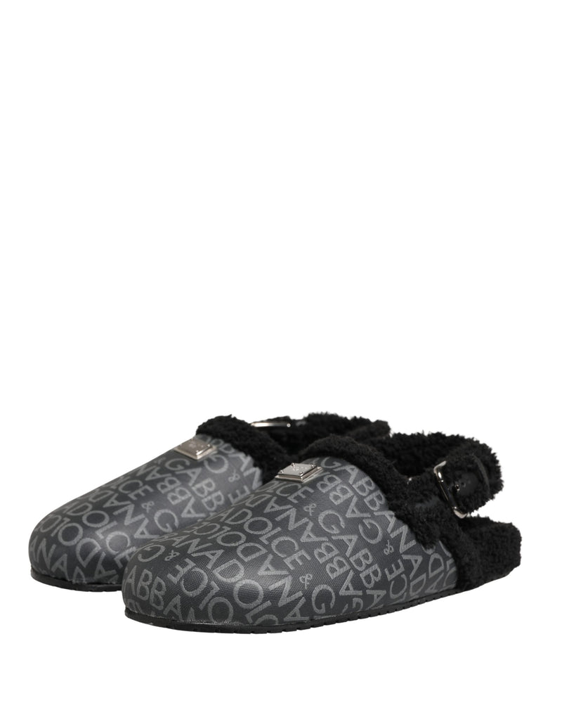 Dolce & Gabbana Gray Faux Fur Jacquard Mules Sandals Shoes