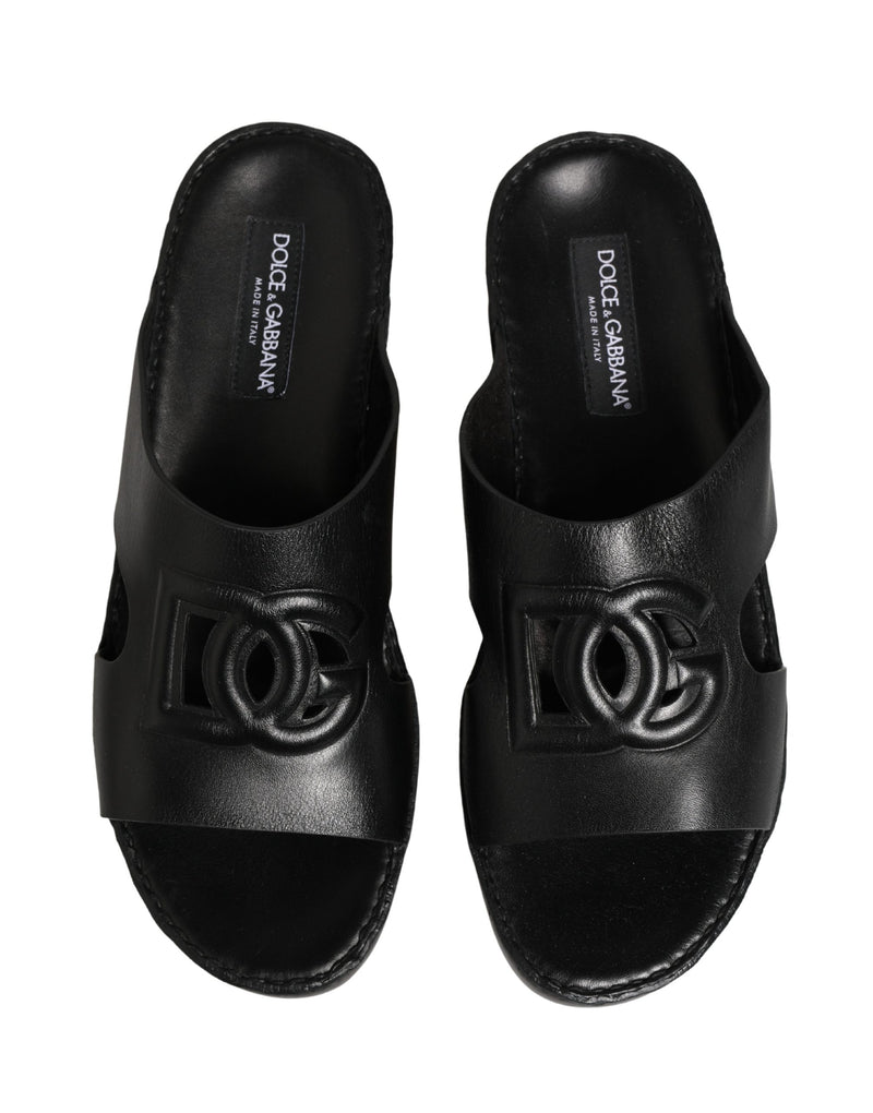 Dolce & Gabbana Black Leather Cutout DG Logo Sandals
