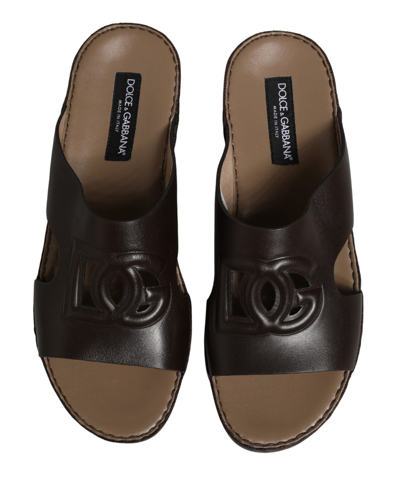 Dolce & Gabbana Brown Leather Cutout DG Logo Sandals
