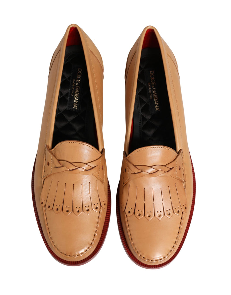 Dolce & Gabbana Beige Tassel Leather Men Slip-On Loafers