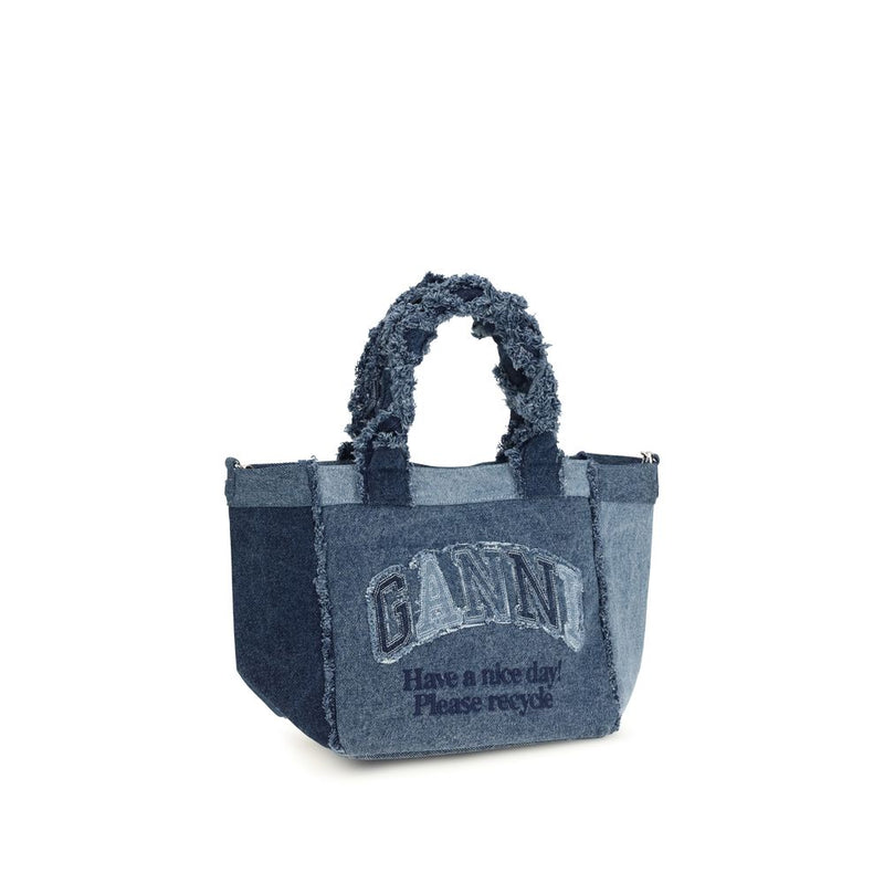 Ganni Blue Cotton Handbag - Modern Trapeze Shopper