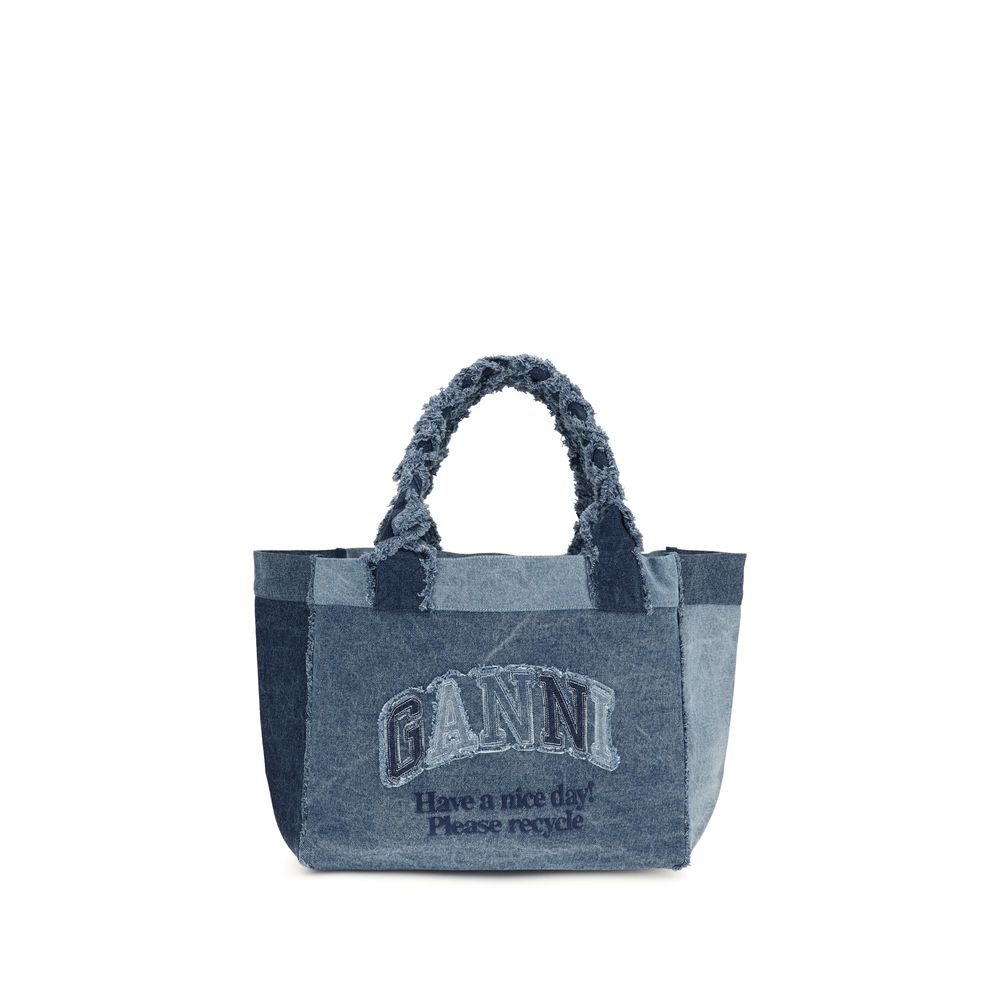 Ganni Blue Cotton Shoulder Bag - Medium Trapeze Denim Shopper