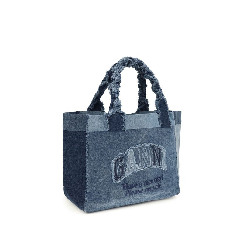 Ganni Blue Cotton Shoulder Bag - Medium Trapeze Denim Shopper
