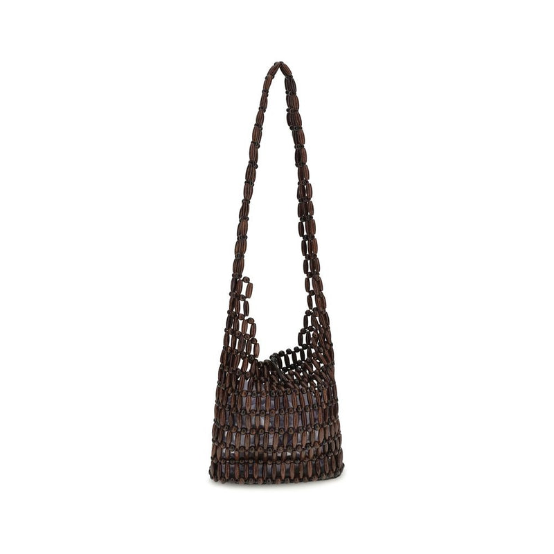 Staud Brown Wood Shoulder Bag - Coronado Bag with Beads