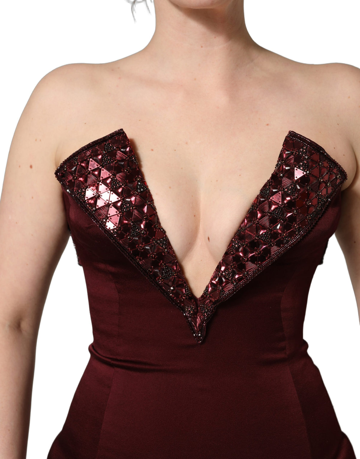 Dolce & Gabbana Maroon Embellished V-neck Evening Gown