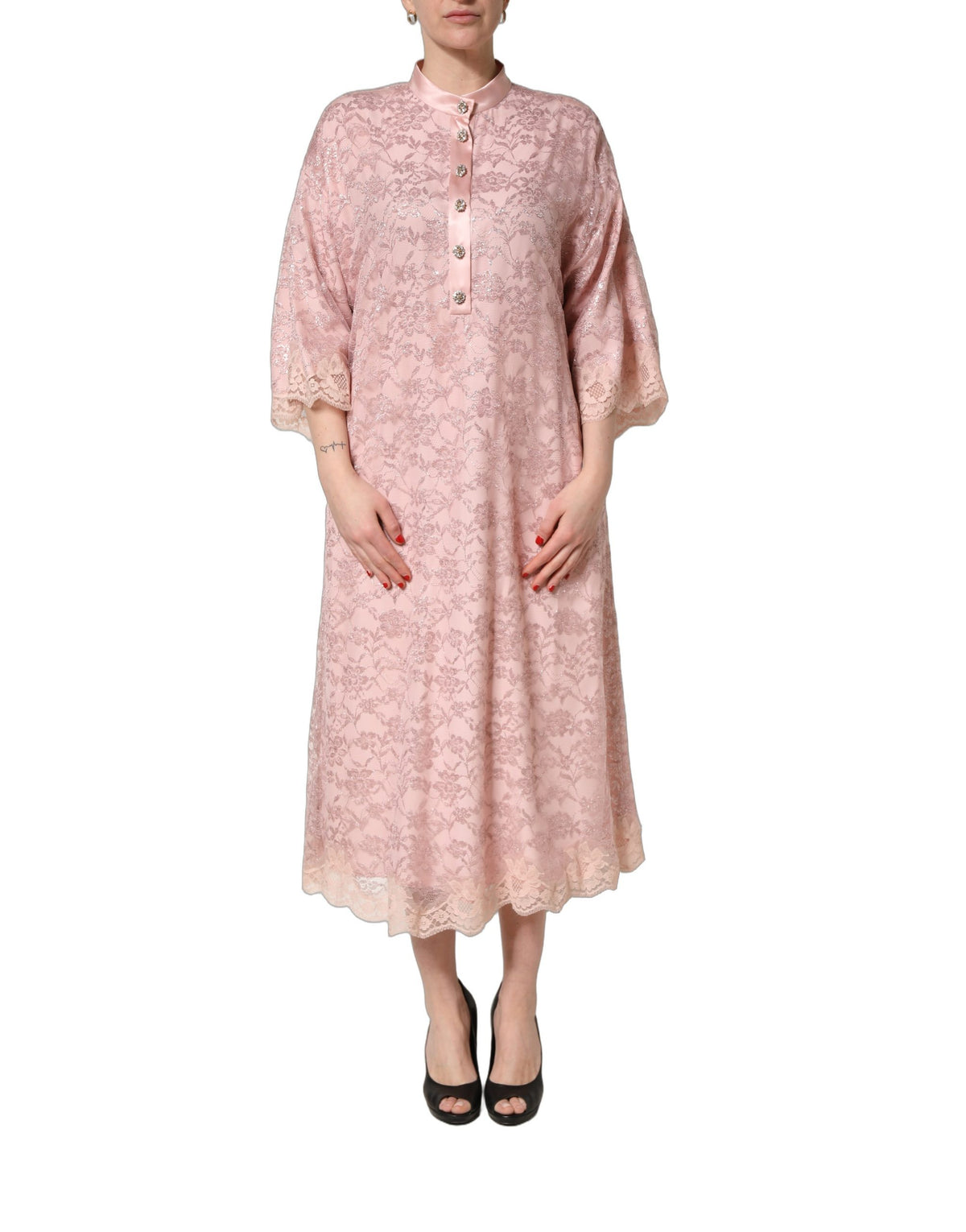 Dolce & Gabbana Pink Corded Floral Lace Kaftan Midi Dress